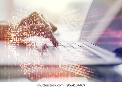 Creative code skull hologram and hands typing on computer keyboard on background, cybercrime and hacking concept. Multiexposure