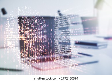 Creative code skull hologram on modern computer background, cybercrime and hacking concept. Multiexposure