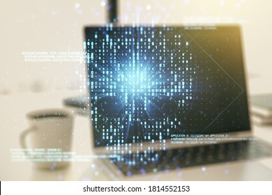 Creative code skull hologram on modern computer background, cybercrime and hacking concept. Multiexposure