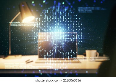 Creative code skull hologram on modern computer background, cybercrime and hacking concept. Multiexposure
