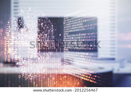 Creative code skull hologram on modern computer background, cybercrime and hacking concept. Multiexposure
