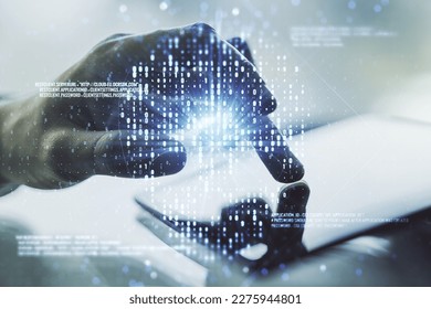 Creative code skull sketch and hand working with a digital tablet on background, theft of personal data and malware concept. Multiexposure