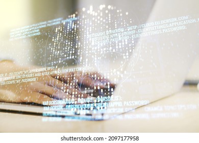 Creative code skull sketch and hands typing on computer keyboard on background, theft of personal data and malware concept. Multiexposure