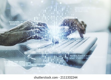 Creative code skull sketch and hands typing on computer keyboard on background, theft of personal data and malware concept. Multiexposure