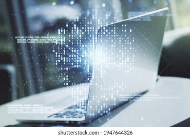 Creative code skull sketch on modern laptop background, theft of personal data and malware concept. Multiexposure