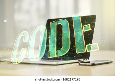 Creative Code word hologram on modern computer background, artificial intelligence and neural networks concept. Multiexposure