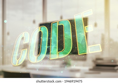Creative Code word hologram on modern computer background, artificial intelligence and neural networks concept. Multiexposure