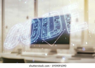 Creative Code word hologram on modern computer background, artificial intelligence and neural networks concept. Multiexposure