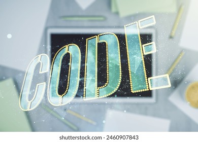 Creative Code word sign and modern digital tablet on desktop on background, top view, international software development concept. Multiexposure
