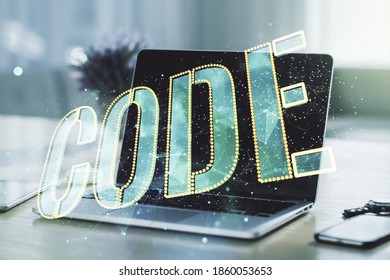 Creative Code word sign on modern computer background, international software development concept. Multiexposure