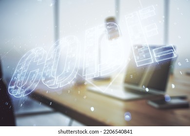 Creative Code word sign on modern computer background, international software development concept. Multiexposure