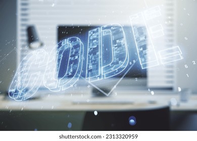 Creative Code word sign on modern computer background, international software development concept. Multiexposure
