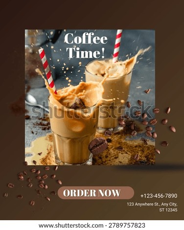 Creative coffee advertisement featuring iced coffee splash effect, coffee beans, stylish typography, and modern cafe promotional layout ideal for coffee shops and social media marketing.
