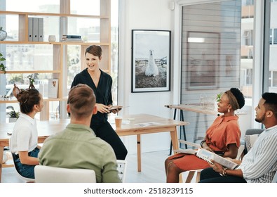 Creative, collaboration and businesswoman with tablet in presentation for design strategy or online campaign management. Graphic designer, team or diversity in modern office for project brainstorming - Powered by Shutterstock