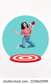 Creative collage 3d artwork photo of youngster activist woman against jumping target goal scream megaphone announce isolated on white background - Shutterstock ID 2258623909