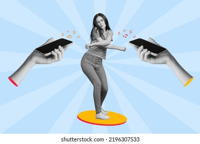 Creative collage 3d retro image sketch graphics poster two arm hold device dancing lady listen melody isolated on painting background