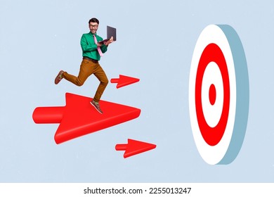 Creative collage abstract image of mini successful guy use netbook flying arrow darts board target isolated on drawing background