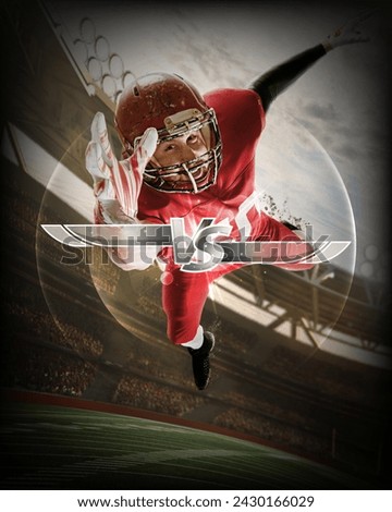Creative collage of American Football player receiver, catching ball in motion. Image with letters VS for versus matchups in silver with glinting highlights. Concept of sport, match, championship. Ad