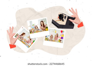 Creative collage of arms hold photo camera printed instant photo mother daughter prepare painted easter egg