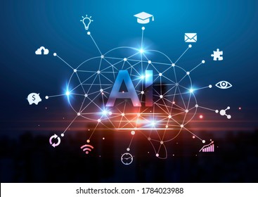 Creative Collage For Artificial Intelligence Concept With Gloving Polygonal Brain And Various Digital Icons Over Blurred Cityscape Background