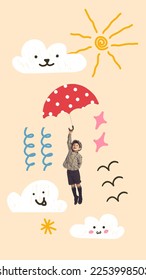 Creative collage, artwork with happy kid flying with drawn umbrella over light background with drawings, doodles and illustration elements. Sunny day. Happiness, carefree childhood concept