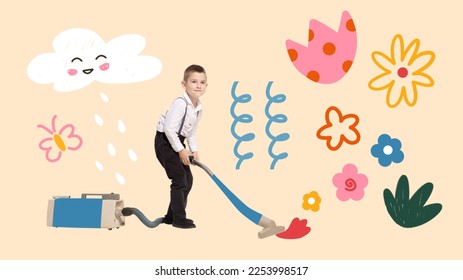 Creative collage, artwork with happy kid with retro vacuum cleaner over light background with drawings, doodles and illustration elements. Home work, help, family, carefree childhood concept - Shutterstock ID 2253998517