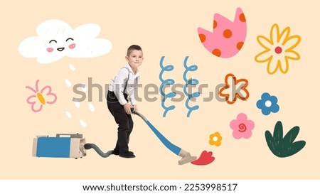 Creative collage, artwork with happy kid with retro vacuum cleaner over light background with drawings, doodles and illustration elements. Home work, help, family, carefree childhood concept