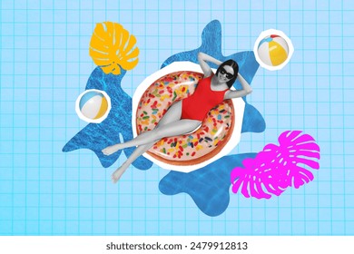 Creative collage of beautiful woman in bikini on inflatable ring against light blue background, top view - Powered by Shutterstock