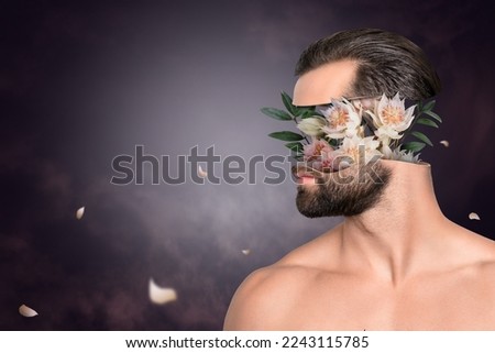 Creative collage of bizarre macho man have half face fresh garden flowers apply new shaving lotion on mist dark color background
