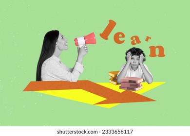 Creative collage of black white colors girl teacher communicate loudspeaker learn lazy schoolboy pile stack book isolated on green background - Powered by Shutterstock