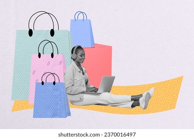 Creative collage of black white colors happy girl listen music earphones use netbook order shop bags limited time only super offer