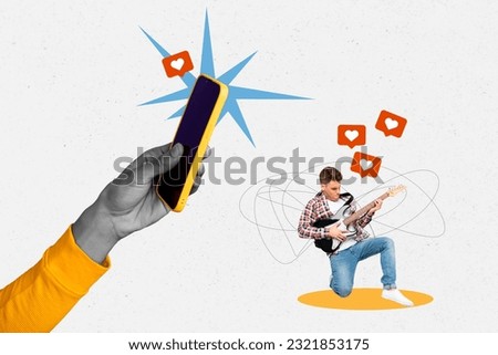 Creative collage of black white colors arm hold smart phone shoot photo mini guy play guitar like notification isolated on painted background