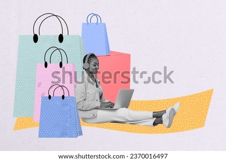 Creative collage of black white colors happy girl listen music earphones use netbook order shop bags limited time only super offer