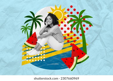 Creative collage of black white effect positive girl drawing watermelon slice palm tree sun water isolated on blue paper background - Powered by Shutterstock