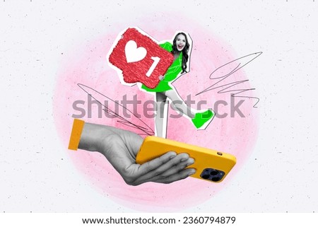 Creative collage of black white effect arm hold smart phone mini girl dancing hold like notification isolated on drawing pink background