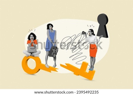 Creative collage of black white effect furious lady shout loudspeaker toa two girls hold backpack use laptop isolated on beige background