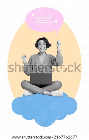 Creative collage of black white filter millennial sit cloud use netbook fist up speak text box isolated cartoon background