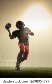 Creative collage with blur motion effect of quarterback throwing football under stadium lights. Concept of game strategy, coaching analysis, leadership, and branding in professional sport training.