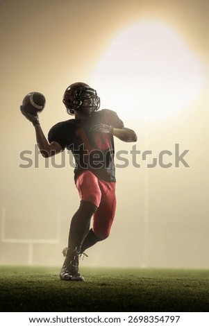 Creative collage with blur motion effect of quarterback throwing football under stadium lights. Concept of game strategy, coaching analysis, leadership, and branding in professional sport training.