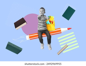 Creative collage with boy flying on rocket-pencil among books against color background. Back to school