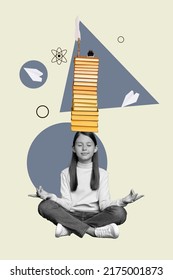 Creative collage brainy school child feel harmony know pile book information isolated graphics background