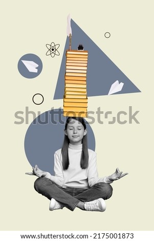 Creative collage of brainy school child feel harmony know pile book information isolated graphics background