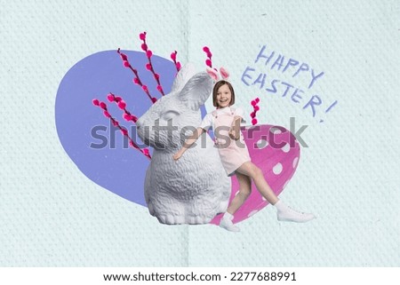 Creative collage brochure picture of mini little girl dancing big rabbit sculpture painted easter egg isolated on drawing background