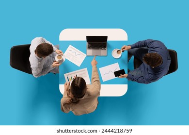 Creative collage. Business people sit at common table with documents and discussing work issues against blue studio background. Concept of business, work, job, meeting, office. Copy space. Ad - Powered by Shutterstock