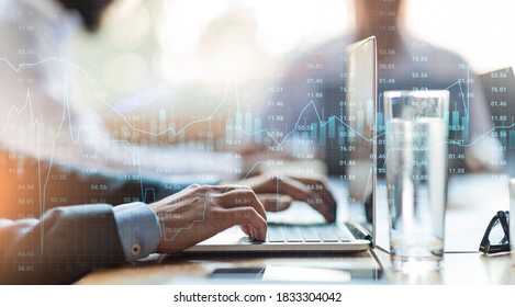 Creative Collage Of Business Team Working On Project And Stock Markets Data On Trasparent Screen, Financial Statistics Layered Over Man Using Laptop For Trading On Forex, Panorama