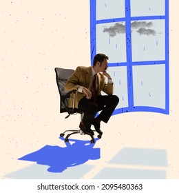 Creative collage of businessman sitting near window. Working from home due corona pandemic. Concept of teleworking, online business, remote work, freelancer, home isolation, business difficulties, ad - Powered by Shutterstock