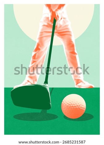Creative collage. Close-up golf swing with large club head and ball on green course. Concept of precision, focus, sports training, luxury lifestyle and tournament preparation.