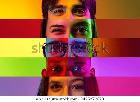 Creative collage. Close-up image of female eyes placed on narrow stripes over multicolored background in neon light. Concept of social equality, human rights, freedom, diversity, acceptance. Ad
