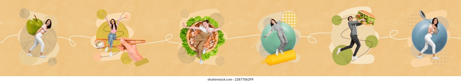 Creative collage collection popular advert of young girls enjoy eat fast food pizza sushi man hold burger with sauce isolated on yellow background