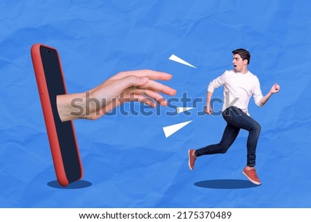 Creative collage composition of young man escaping from his jealous girlfriend try to reach him trough phone isolated on blue background